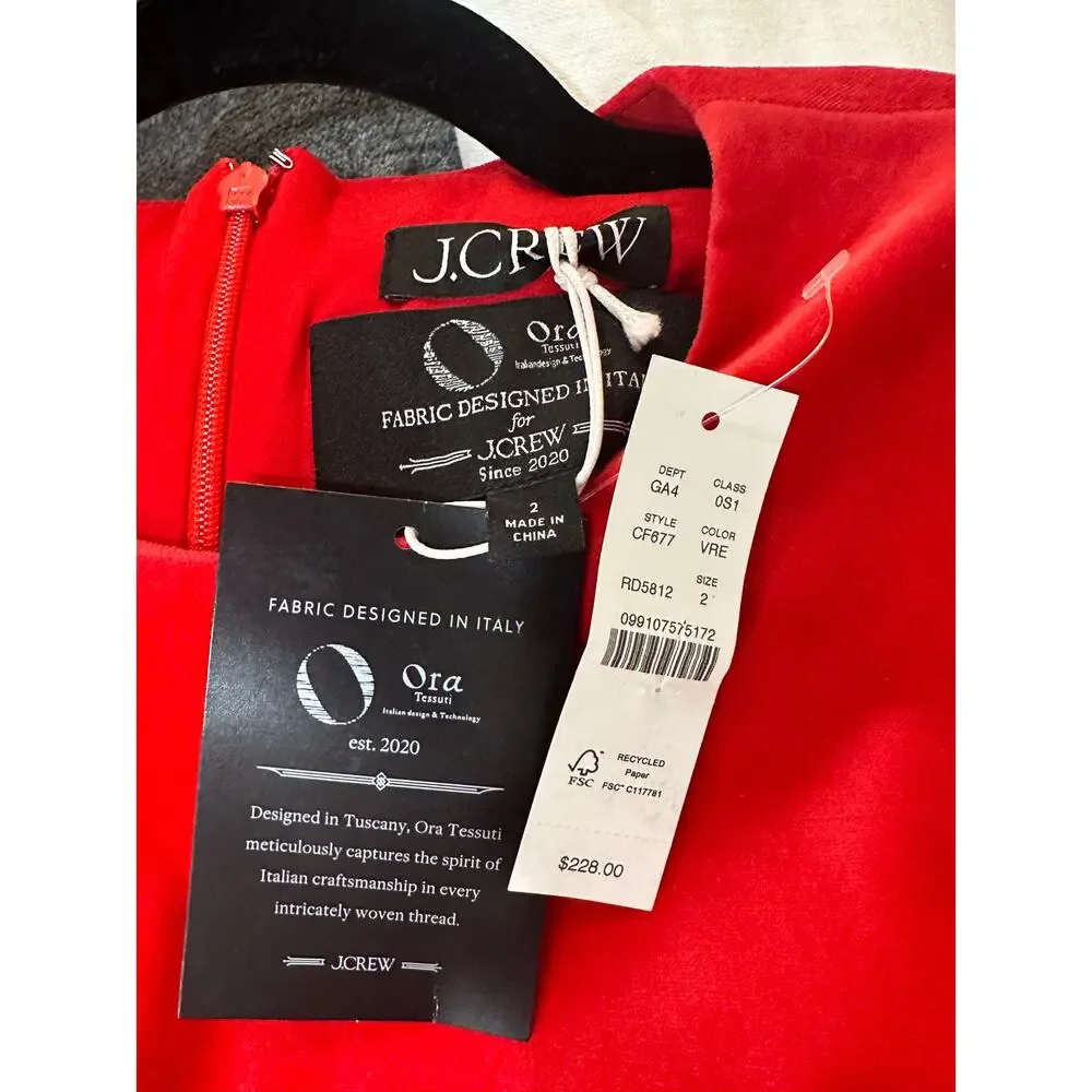J.Crew Long-Sleeve Shift Dress Red Stretch Luxe Velvet Size 2 NWT Holiday Dress